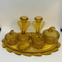Load image into Gallery viewer, Vintage Pressed Amber Glass 6-Piece Trinket Dressing Table Set & Tray