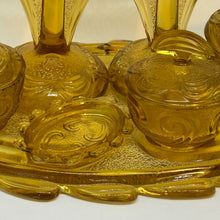 Load image into Gallery viewer, Vintage Pressed Amber Glass 6-Piece Trinket Dressing Table Set & Tray