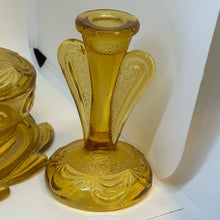 Load image into Gallery viewer, Vintage Pressed Amber Glass 6-Piece Trinket Dressing Table Set & Tray