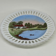 Load image into Gallery viewer, HAND PAINTED European RETICULATED CABINET PLATE Village Lake and Boat motif