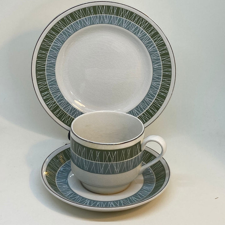 Vintage Blue Green Geometric Midwinter Pottery Whitehill China Tea Set Trio