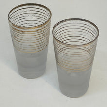 Load image into Gallery viewer, Vintage Pair of Partly Frosted Gold Stripe Shot Glass Tumblers 1950s 3.75"