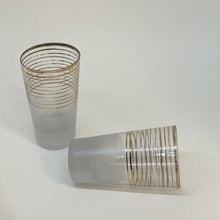 Load image into Gallery viewer, Vintage Pair of Partly Frosted Gold Stripe Shot Glass Tumblers 1950s 3.75"