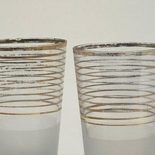 Load image into Gallery viewer, Vintage Pair of Partly Frosted Gold Stripe Shot Glass Tumblers 1950s 3.75"