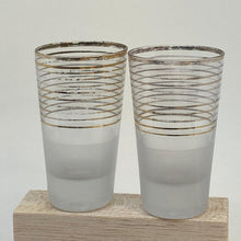 Load image into Gallery viewer, Vintage Pair of Partly Frosted Gold Stripe Shot Glass Tumblers 1950s 3.75"