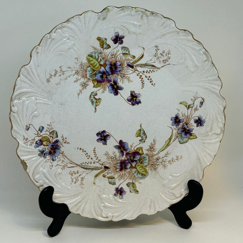 Antique Late Victorian CAKE PLATE  Purple flowers 9.25