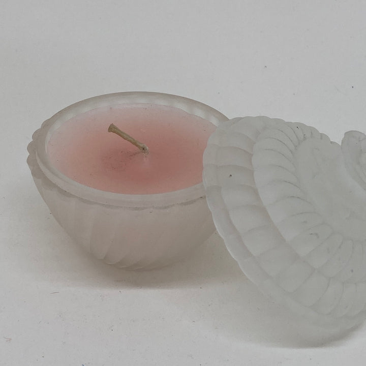 Vintage Pink Matte Frosted Glass Candle in a Jar with Rose Finial Lid
