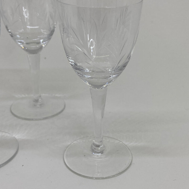 Set of 3 Vintage Leaf Pattern Cut Crystal Liqueur Aperitif Glasses