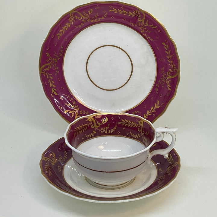 Antique Burgundy Spode Teacup Saucer & Tea Plate Bone China Trio Set