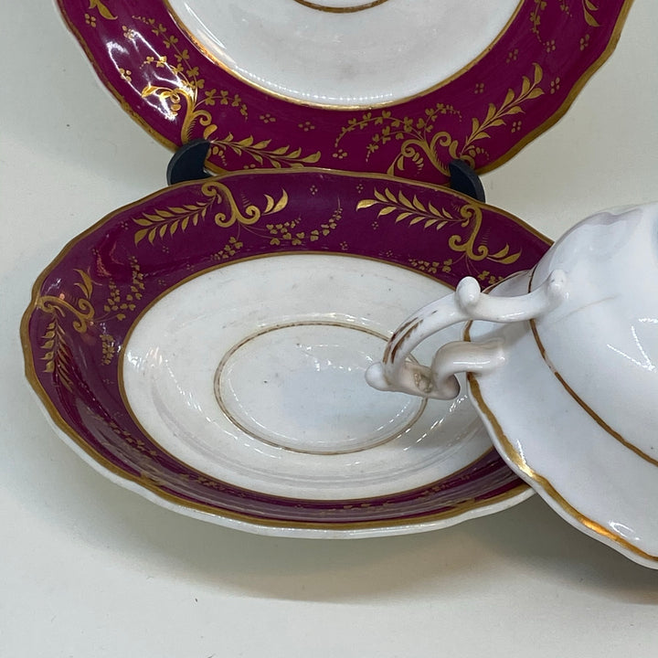 Antique Burgundy Spode Teacup Saucer & Tea Plate Bone China Trio Set