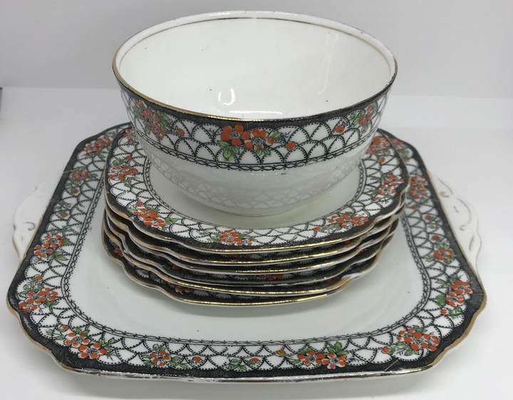 Vintage 8-Piece Art Deco Balmoral China Tea Time Cake Serving Set 1930s