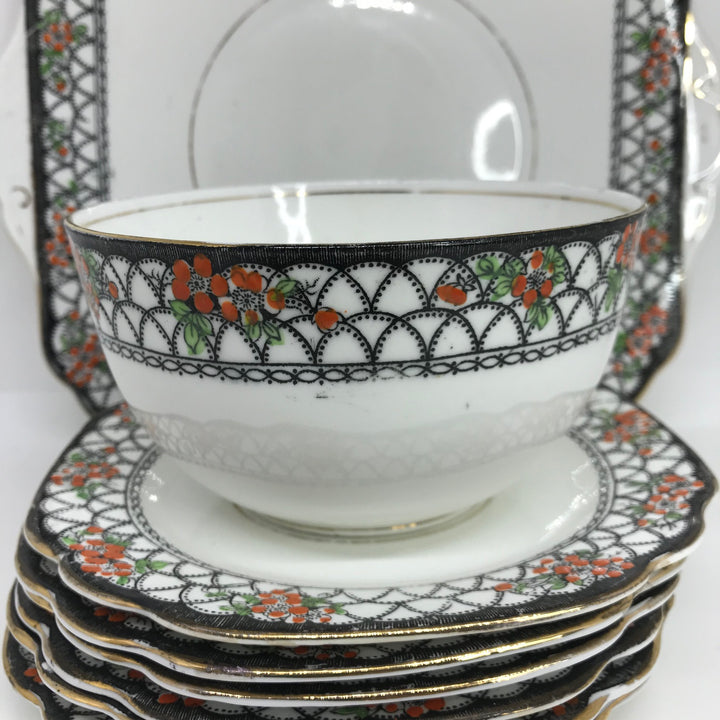 Vintage 8-Piece Art Deco Balmoral China Tea Time Cake Serving Set 1930s