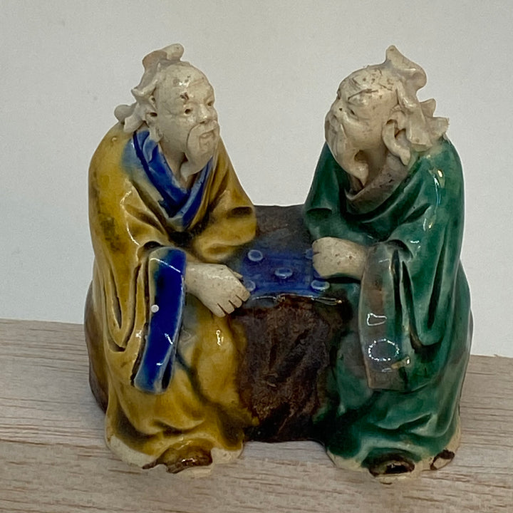 Antique Hand-Painted Clay Chinese Mud Men Playing Checkers Figurine 3"