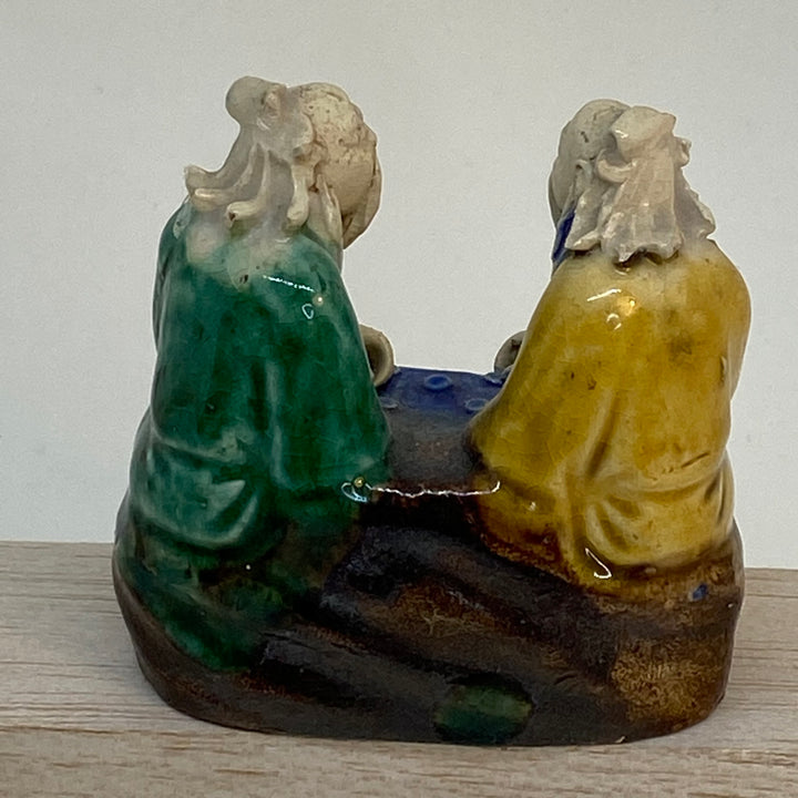Antique Hand-Painted Clay Chinese Mud Men Playing Checkers Figurine 3"