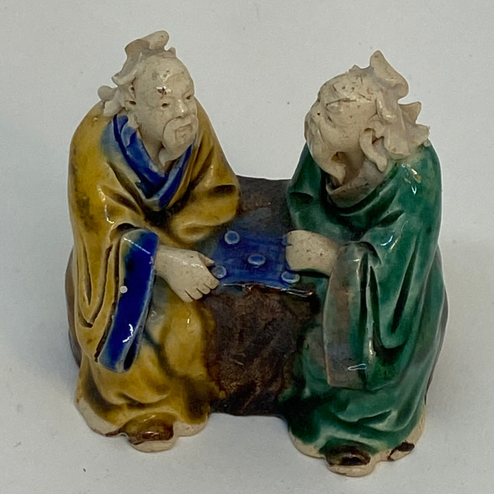 Antique Hand-Painted Clay Chinese Mud Men Playing Checkers Figurine 3"