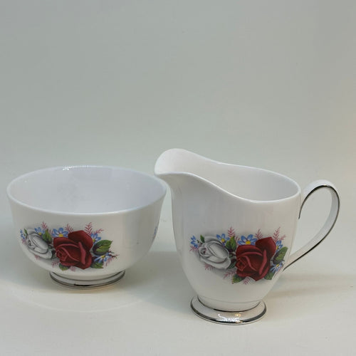 Vintage Queen Anne Fine Bone China CREAMER and SUGAR BOWL Red and White Roses