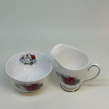 Load image into Gallery viewer, Vintage Queen Anne Fine Bone China CREAMER and SUGAR BOWL Red and White Roses