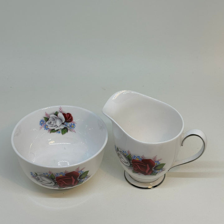 Vintage Queen Anne Fine Bone China CREAMER and SUGAR BOWL Red and White Roses