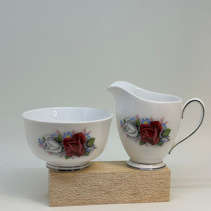 Vintage Queen Anne Fine Bone China CREAMER and SUGAR BOWL Red and White Roses