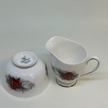 Load image into Gallery viewer, Vintage Queen Anne Fine Bone China CREAMER and SUGAR BOWL Red and White Roses