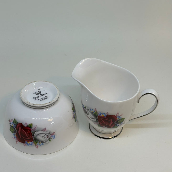 Vintage Queen Anne Fine Bone China CREAMER and SUGAR BOWL Red and White Roses