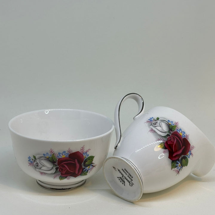 Vintage Queen Anne Fine Bone China CREAMER and SUGAR BOWL Red and White Roses
