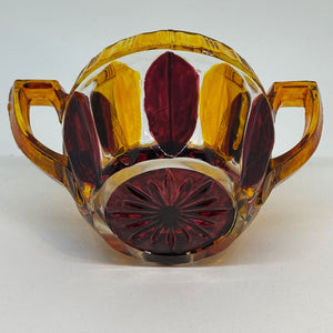 Vintage Amber Ruby Brown GLASS BOWL with Handles Art Deco Style