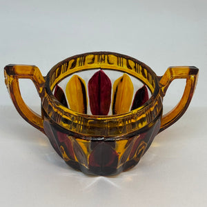 Vintage Amber Ruby Brown GLASS BOWL with Handles Art Deco Style