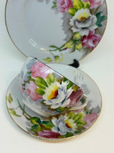 Load image into Gallery viewer, Vintage Japanese Yellow &amp; Pink Flowers Bone China Gold Castle Tea Set Trio