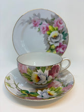 Load image into Gallery viewer, Vintage Japanese Yellow &amp; Pink Flowers Bone China Gold Castle Tea Set Trio