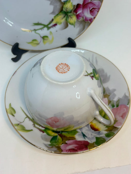 Vintage Japanese Hand-Painted GOLD CASTLE Translucent Fine BONE CHINA Tea Plate, Saucer and Teacup TRIO