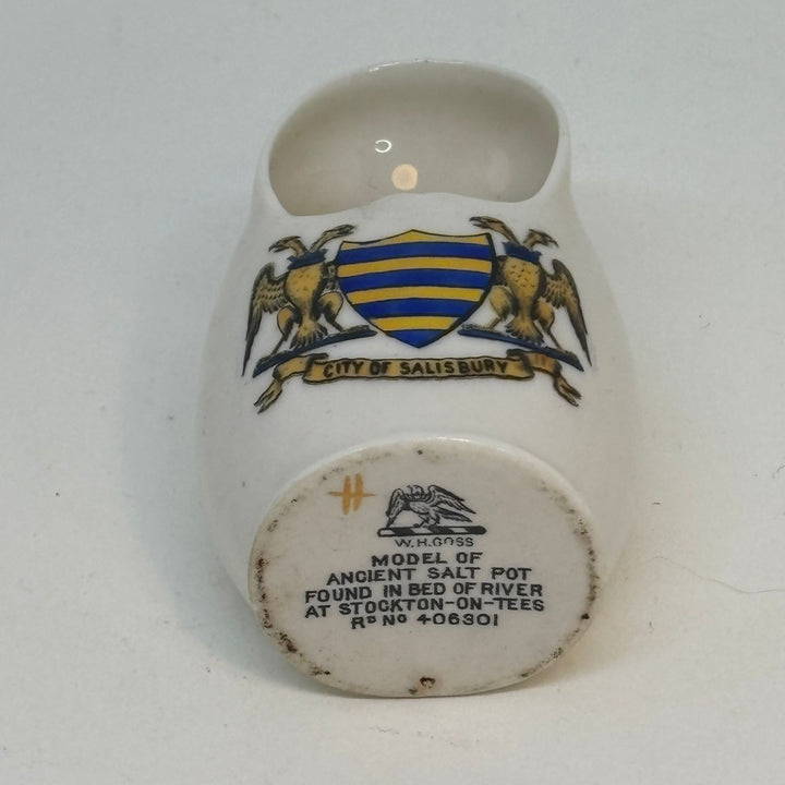 WH Goss China CRESTED WARE Miniature SALT POT Souvenir of CITY OF SALISBURY