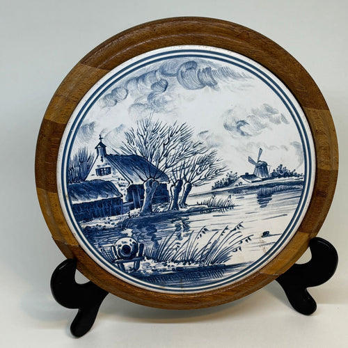 DELFT Blue and White Ceramic and Wood Trivet 7”