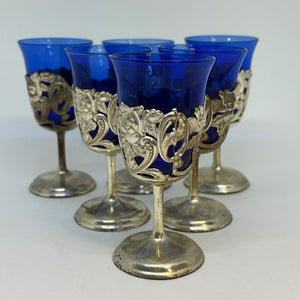 6 x American Cut Crystal Cobalt Blue Cordial Stemware Silver Plated Glasses