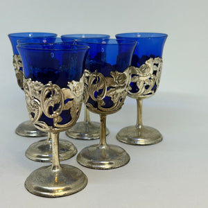 6 x American Cut Crystal Cobalt Blue Cordial Stemware Silver Plated Glasses