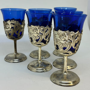 6 x American Cut Crystal Cobalt Blue Cordial Stemware Silver Plated Glasses