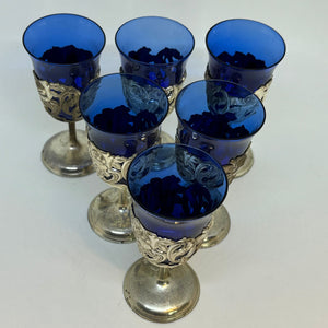6 x American Cut Crystal Cobalt Blue Cordial Stemware Silver Plated Glasses