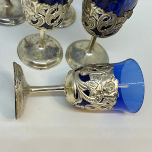 6 x American Cut Crystal Cobalt Blue Cordial Stemware Silver Plated Glasses