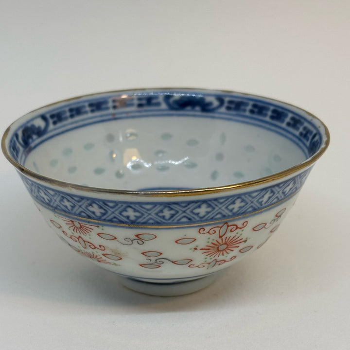 Vintage Chinese Rice Pattern Porcelain Bowl