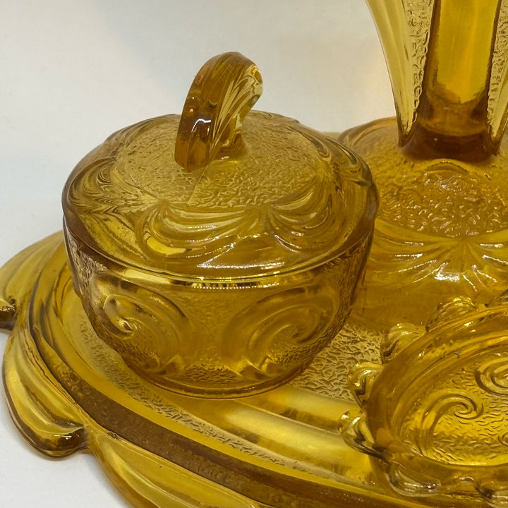 Vintage Pressed Amber Glass 6-Piece Trinket Dressing Table Set & Tray