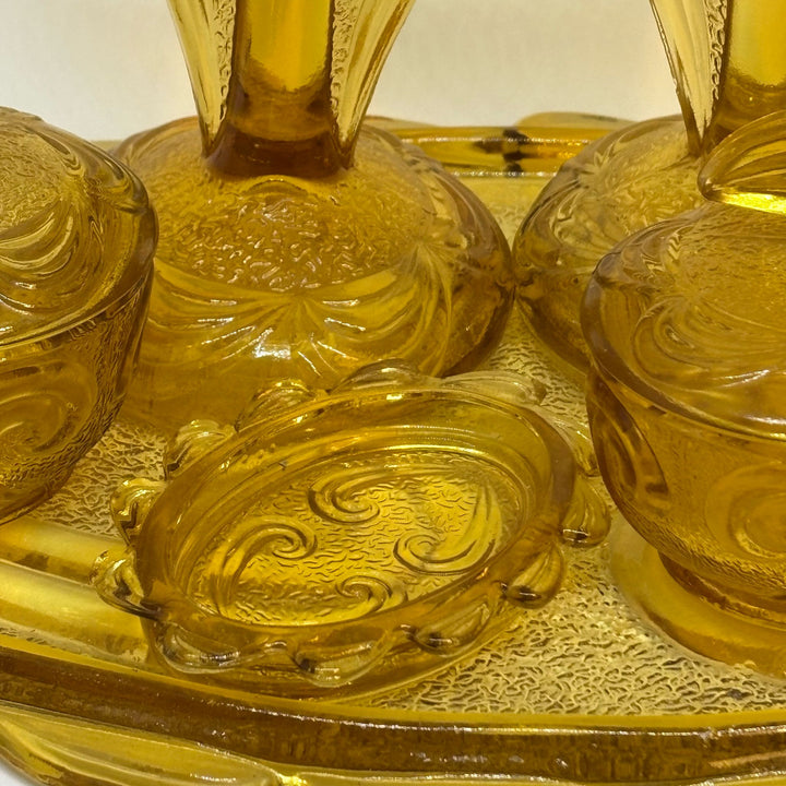 Vintage Pressed Amber Glass 6-Piece Trinket Dressing Table Set & Tray