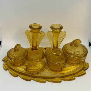 Vintage Pressed Amber Glass 6-Piece Trinket Dressing Table Set & Tray
