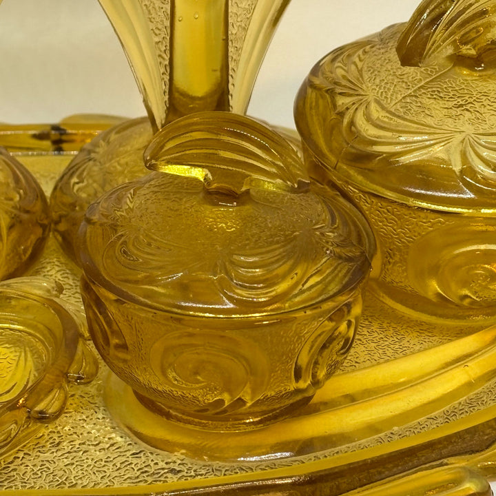 Vintage Pressed Amber Glass 6-Piece Trinket Dressing Table Set & Tray