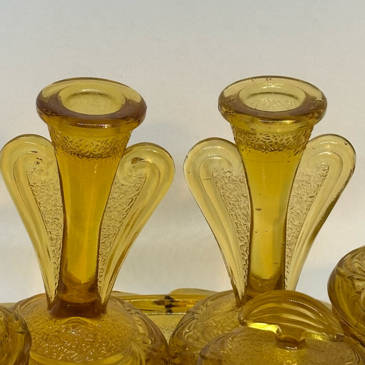 Vintage Pressed Amber Glass 6-Piece Trinket Dressing Table Set & Tray