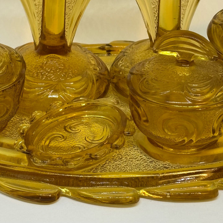 Vintage Pressed Amber Glass 6-Piece Trinket Dressing Table Set & Tray