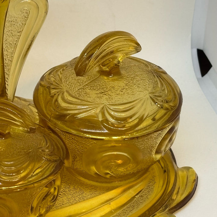 Vintage Pressed Amber Glass 6-Piece Trinket Dressing Table Set & Tray