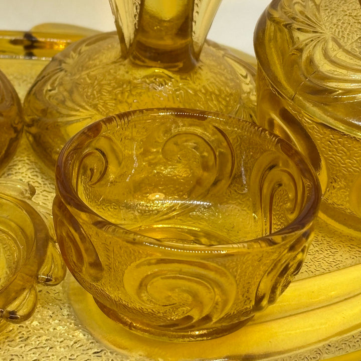 Vintage Pressed Amber Glass 6-Piece Trinket Dressing Table Set & Tray