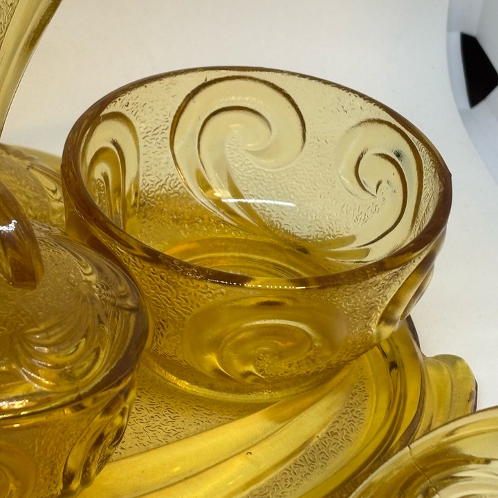 Vintage Pressed Amber Glass 6-Piece Trinket Dressing Table Set & Tray