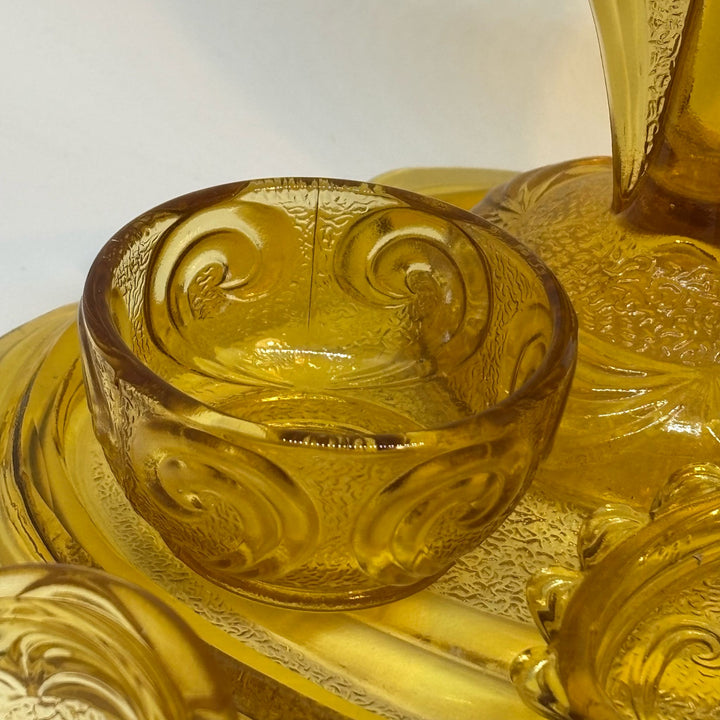 Vintage Pressed Amber Glass 6-Piece Trinket Dressing Table Set & Tray