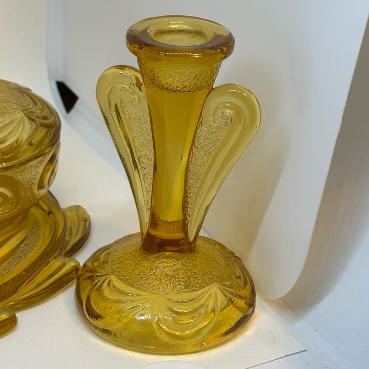 Vintage Pressed Amber Glass 6-Piece Trinket Dressing Table Set & Tray